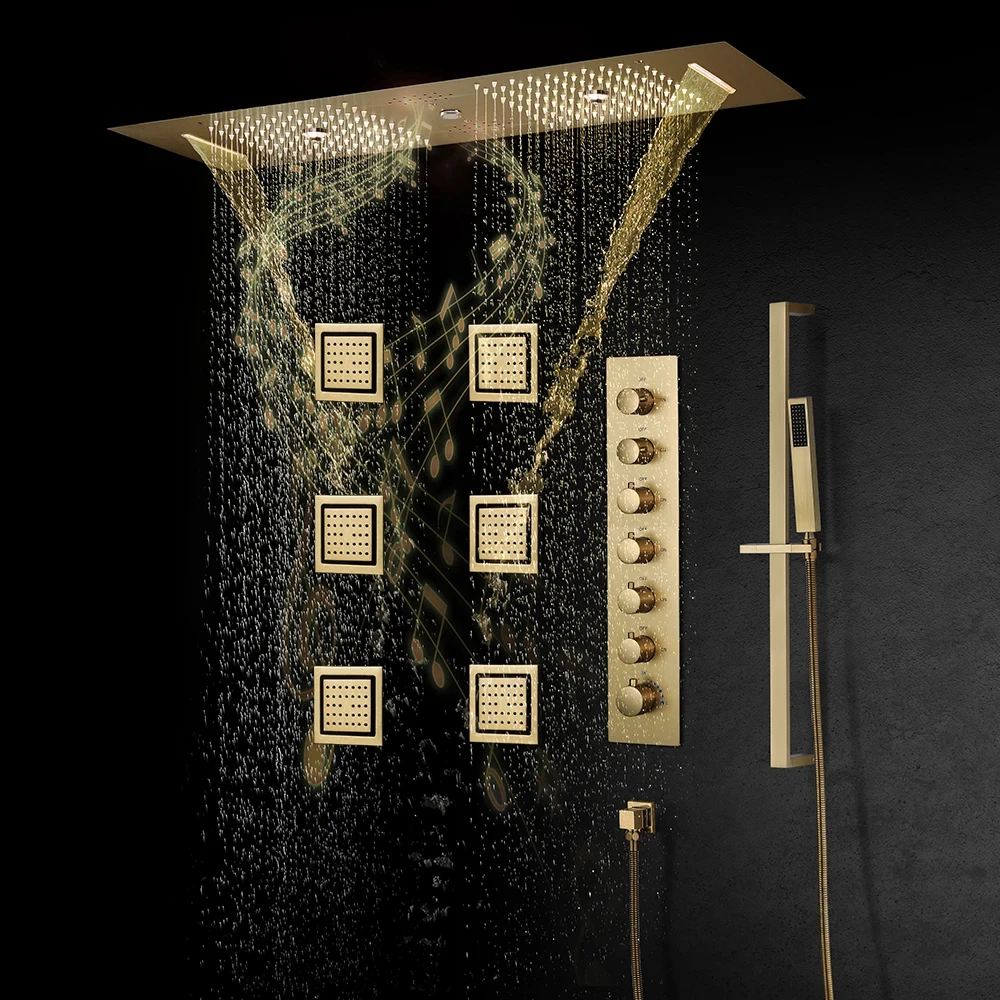 Brushed Gold Large Shower System Set Bathroom Luxurious SPA Shower Head Rainfall Wall Massage Body Jet Thermostaic Mixer
