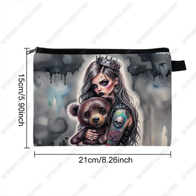 Cartoon Gothic Girl and Bear Doll Print Cosmetic Case Cool Goth Girl Makeup Organizer Napkin Storage Pouch Lady Toiletries Bag