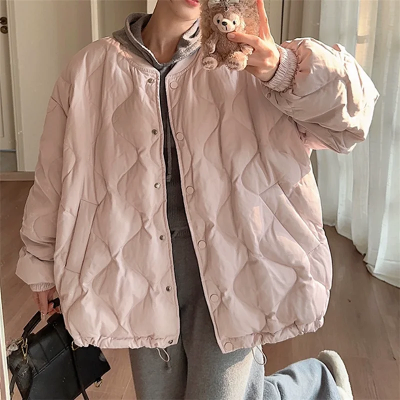 Simple Style Purple Beige Loose Parka for Women New 2024 Winter Lazy Fashion Check Coat Outwear Small Girl Chic Warm Down Jacket