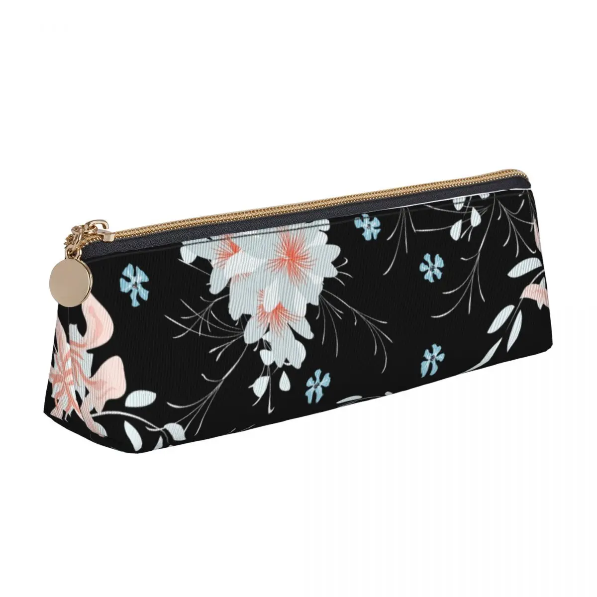 Floral Print Leather Pencil Case Flowers Design Art Cool Zipper Pencil Box University Boy Girl Triangle Pen Bags