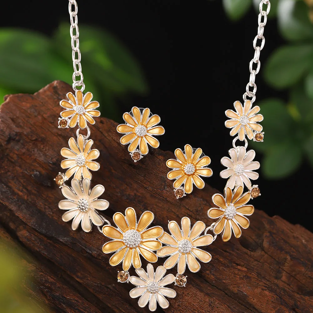 Women's Multi Color Daisy Enamel Necklace Earring Set