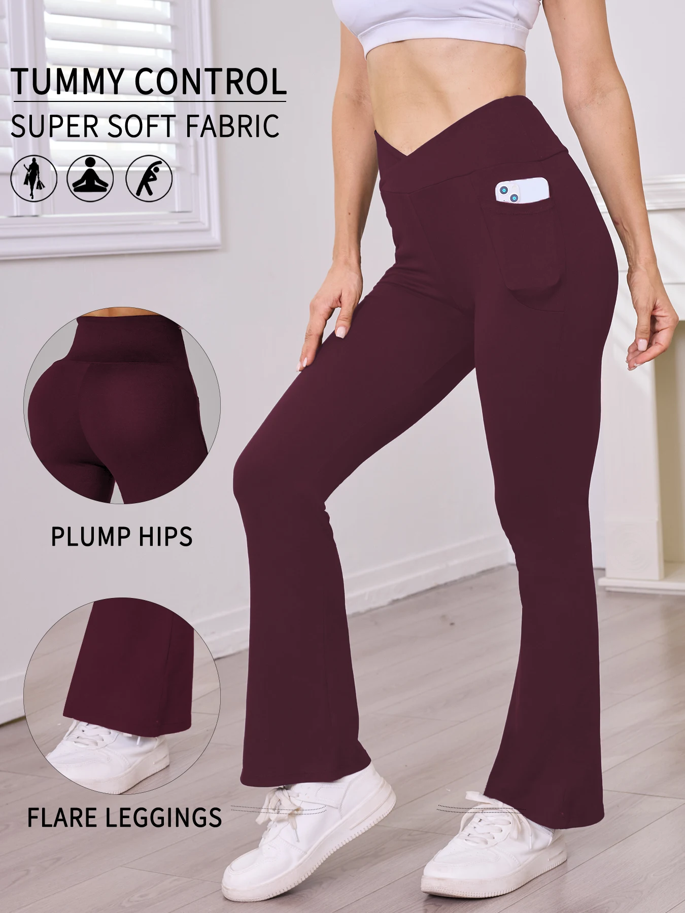 

Womens Super Soft Crossover High Waisted Flare Leggings with Pockets Tummy Control Yoga Pants