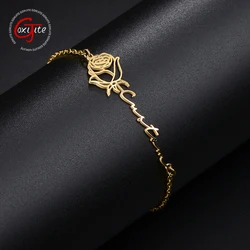 Goxijite Custom Flower Name Bracelet Stainless Steel Personalized Hand Wearing Rose Nameplate Bracelet Lover Jewelry Gift