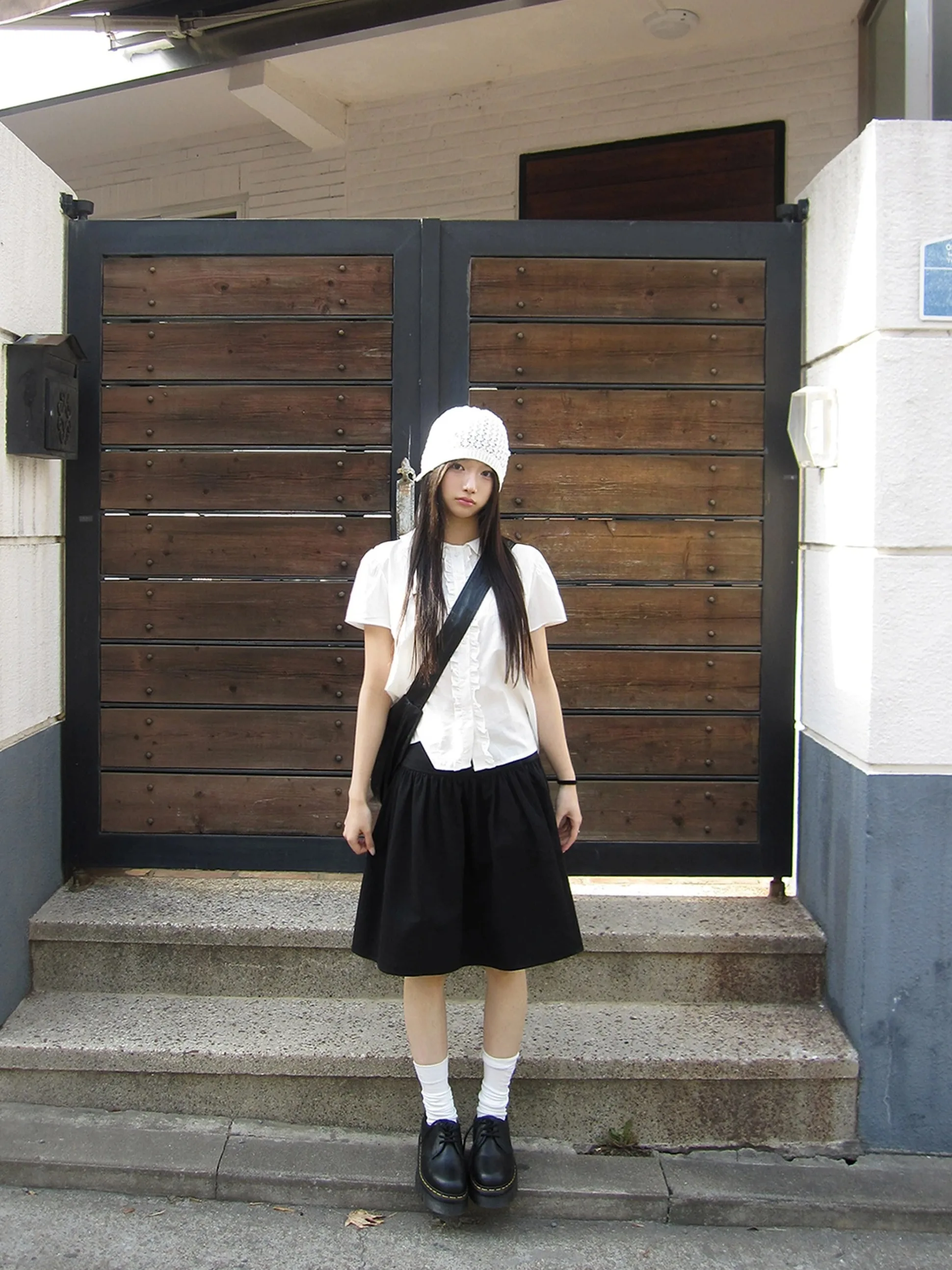 Sweet Summer ort Sve irt with Ruffle Collar Ear Musoom Pattern Korean Sle Straight Cut Commute Faion Ladies Top