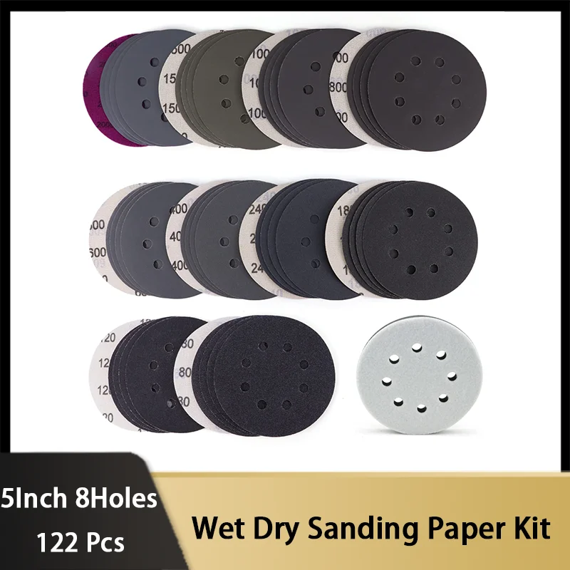 

5 Inch 8 Holes Sanding Paper Kit 122 Pcs Hook & Loop Wet and Dry Silicon Carbide Round Flocking Sandpaper 320-3000 Grit