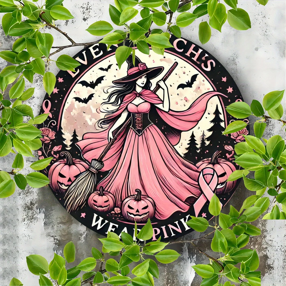 2D Flat Pink Witch Metal Plaque, Indoor & Outdoor Use, Perfect Gift with Wreath Attachment, for Halloween