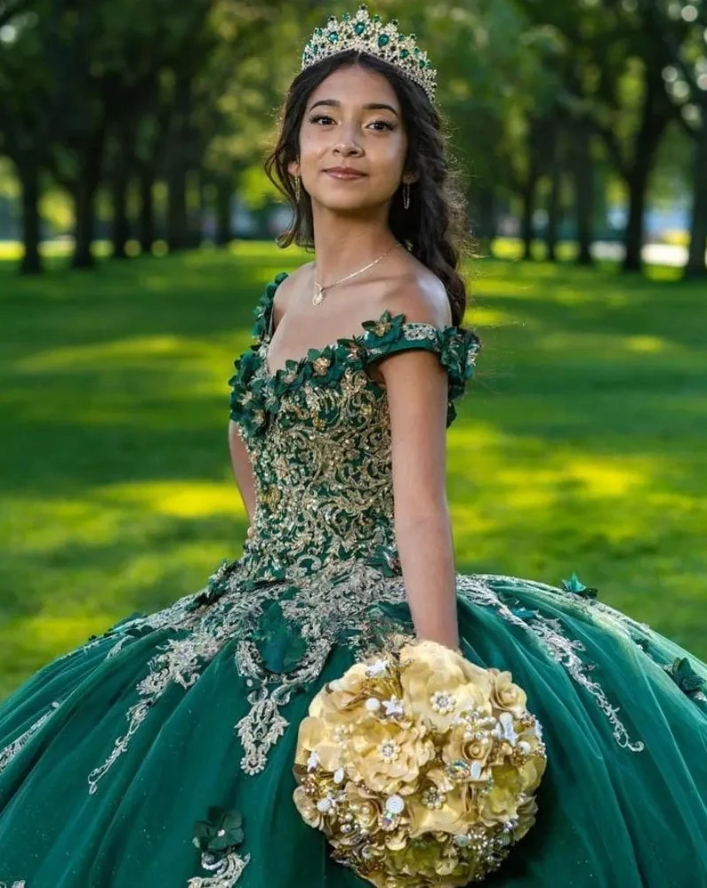 Vestido de baile princesa Quinceanera, Apliques de ombro doce, verde, 16 vestidos, 15 anos, mexicano