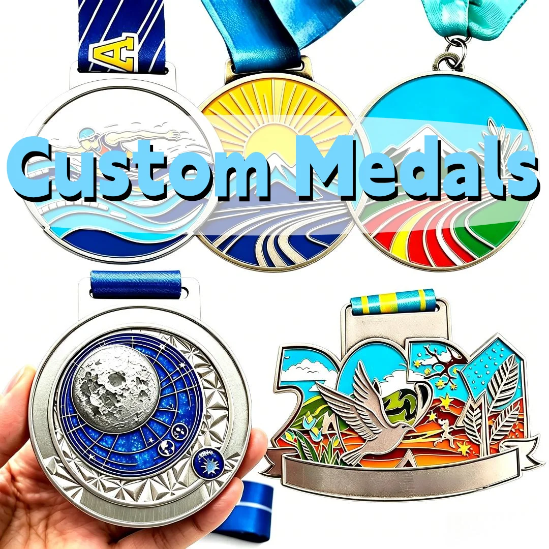 Custom Medallion Vibrant Enamel Metal Race Medals Cusotm Scenic & Swimming Themed Running Event Sports Medal with Ribbon