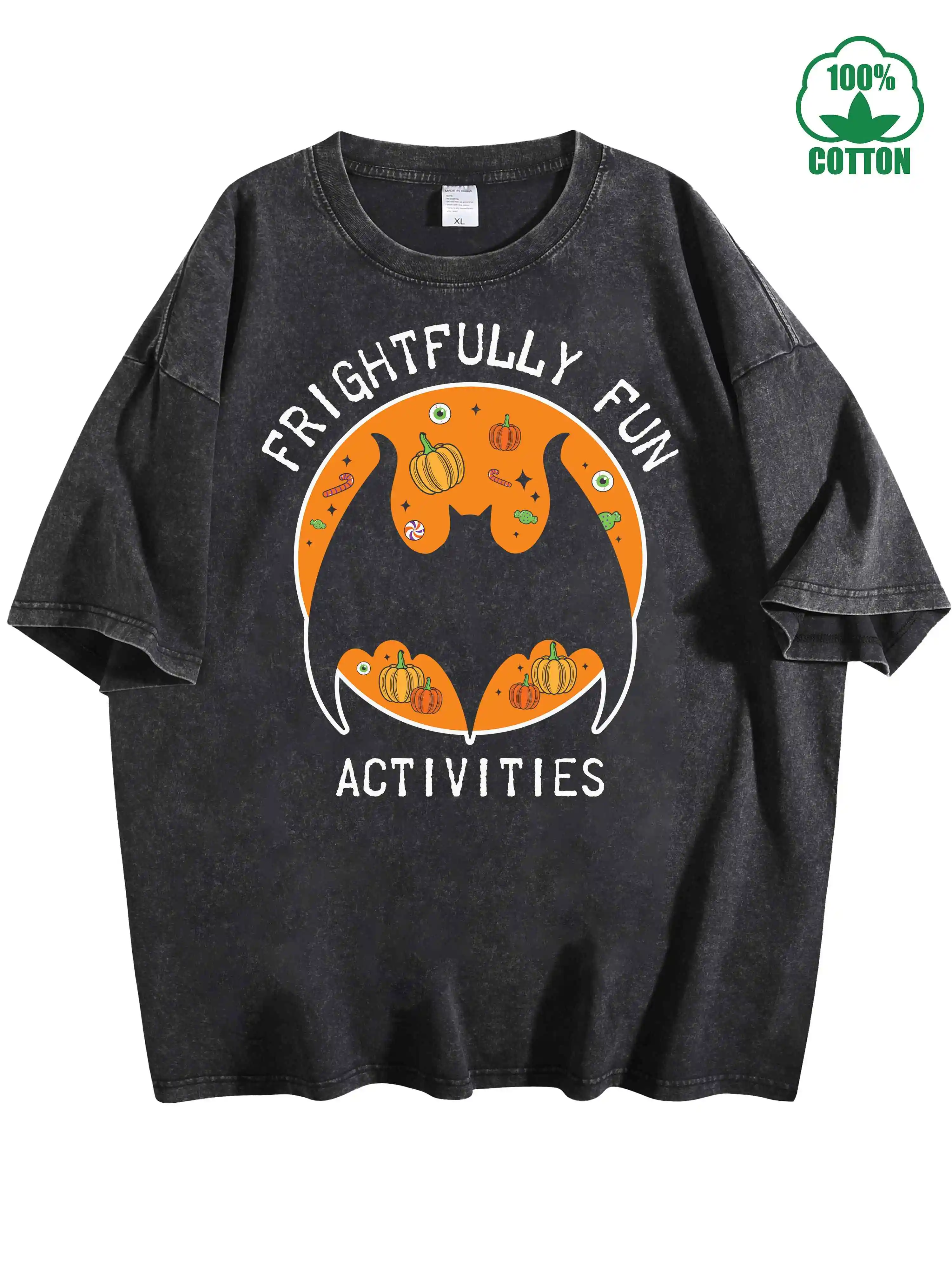 

Halloween Frightfully Fun Bat 100% Cotton Vintage Washed T-Shirt 230g Comfortable Oversized Streetwear For