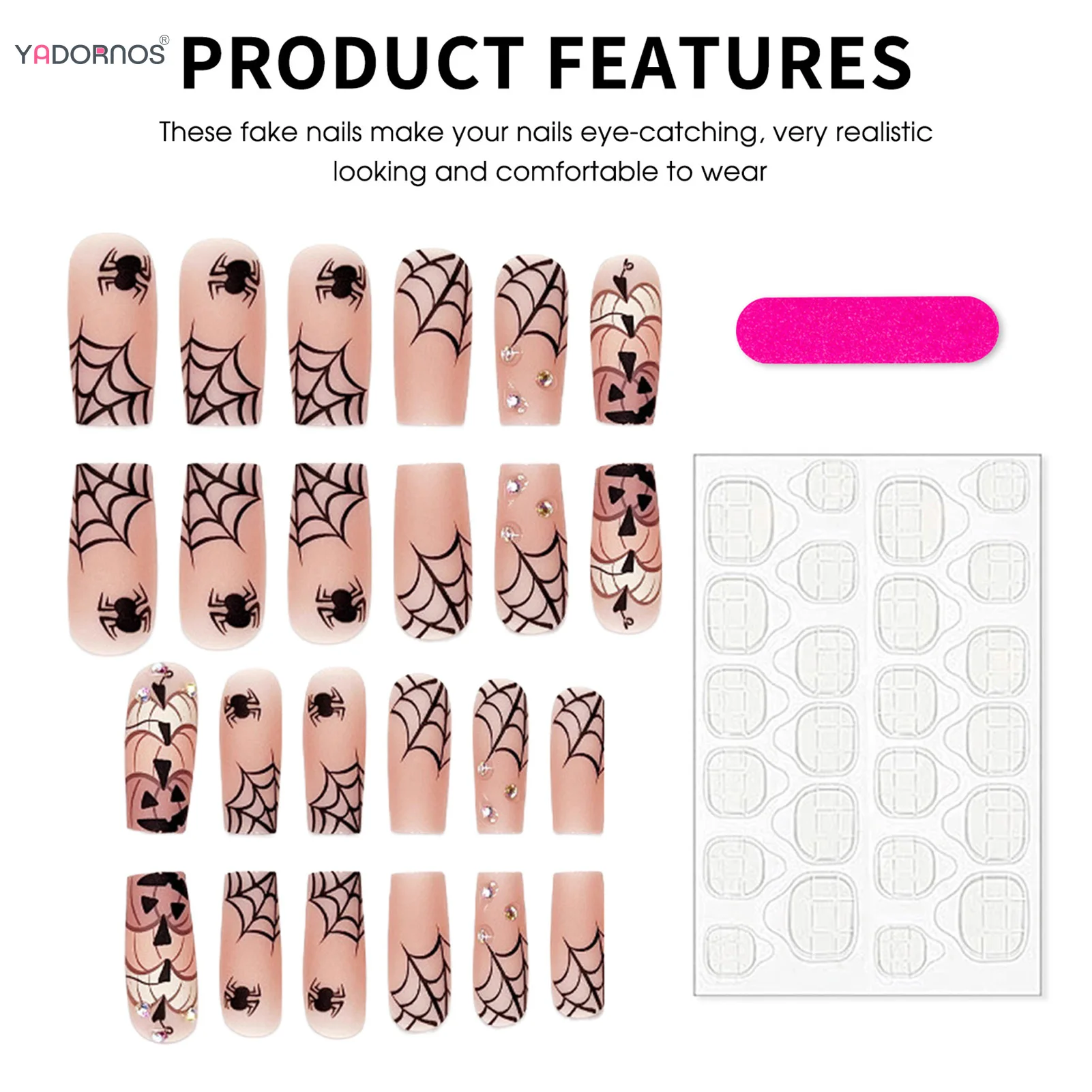 عارية اللون متوسطة طول نعش الأظافر كاذبة 24 قطعة أظافر الهالوين اضغط على شبكة العنكبوت اليقطين المصممين غطاء كامل وهمية مسمار الفن #3