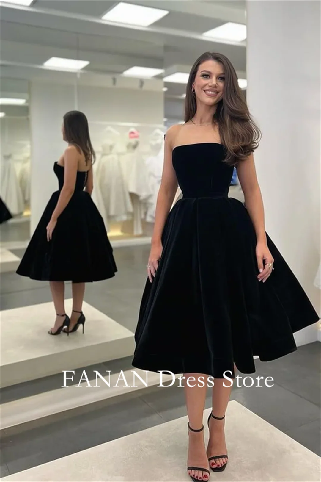 

Strapless Prom Dress Black Customized Tea Length Velvet Wedding Evening Dresses Formal Dress Elegant Party Dress Evening Gowns