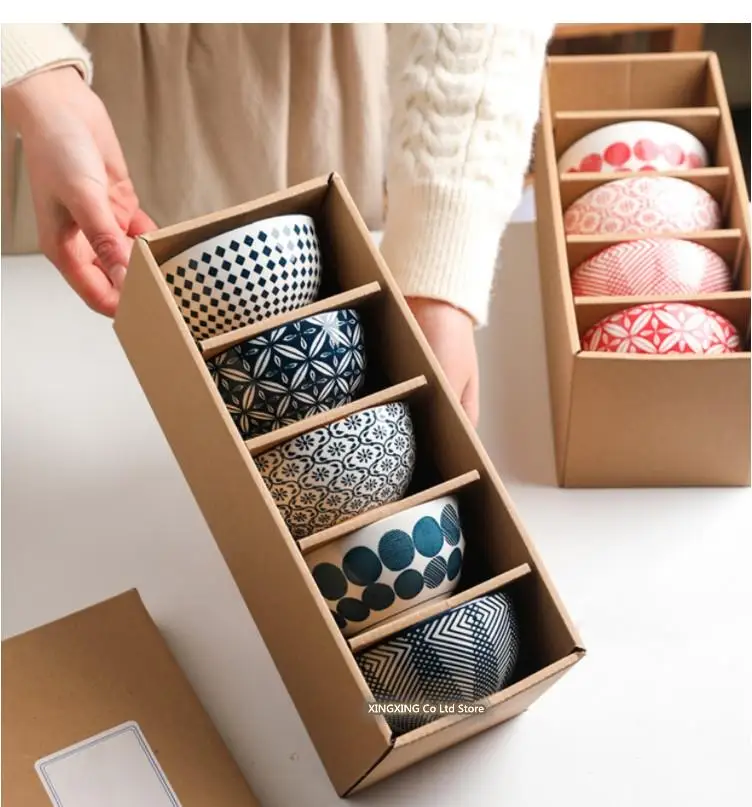 4.5 Inches Bowl Ceramic Kitchen Cutlery Set Japanese Style Personalized Rice Vintage Pattern Gift Box 5pcs