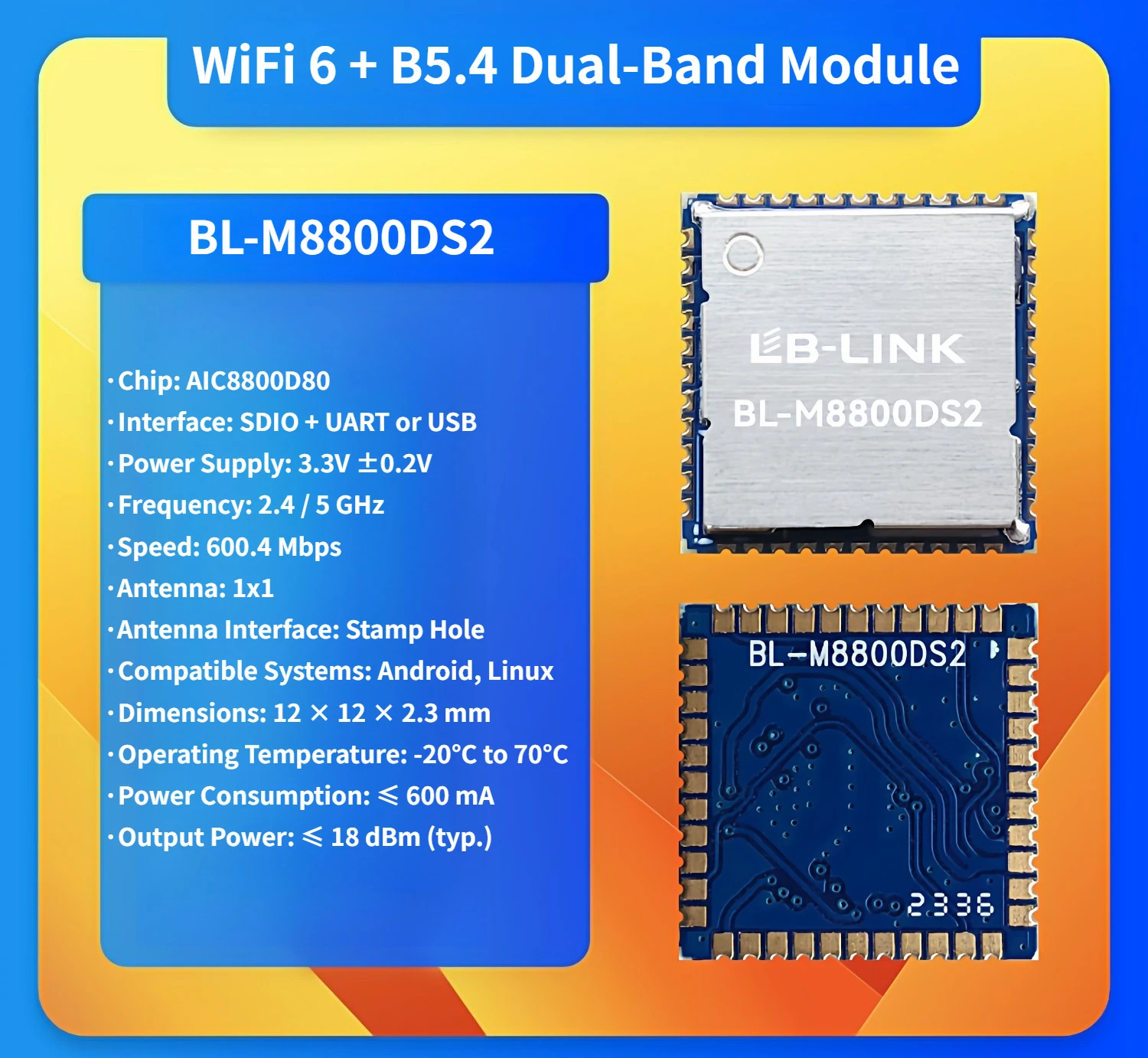 BL-M8800DS2 Dual-Band 5G WiFi 6 Module AIC8800D80 Chip Supports SDIO Interface Set-Top Box Screen Mirroring Video Transmission