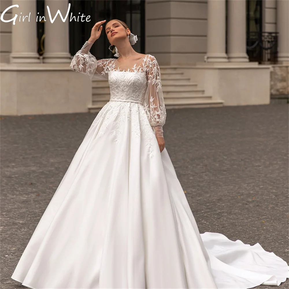 Princess Ivory Satin Wedding Dress A Line Long Sleeves Wedding Gowns customized Appliques Button Bridal Gown vestidos de novia