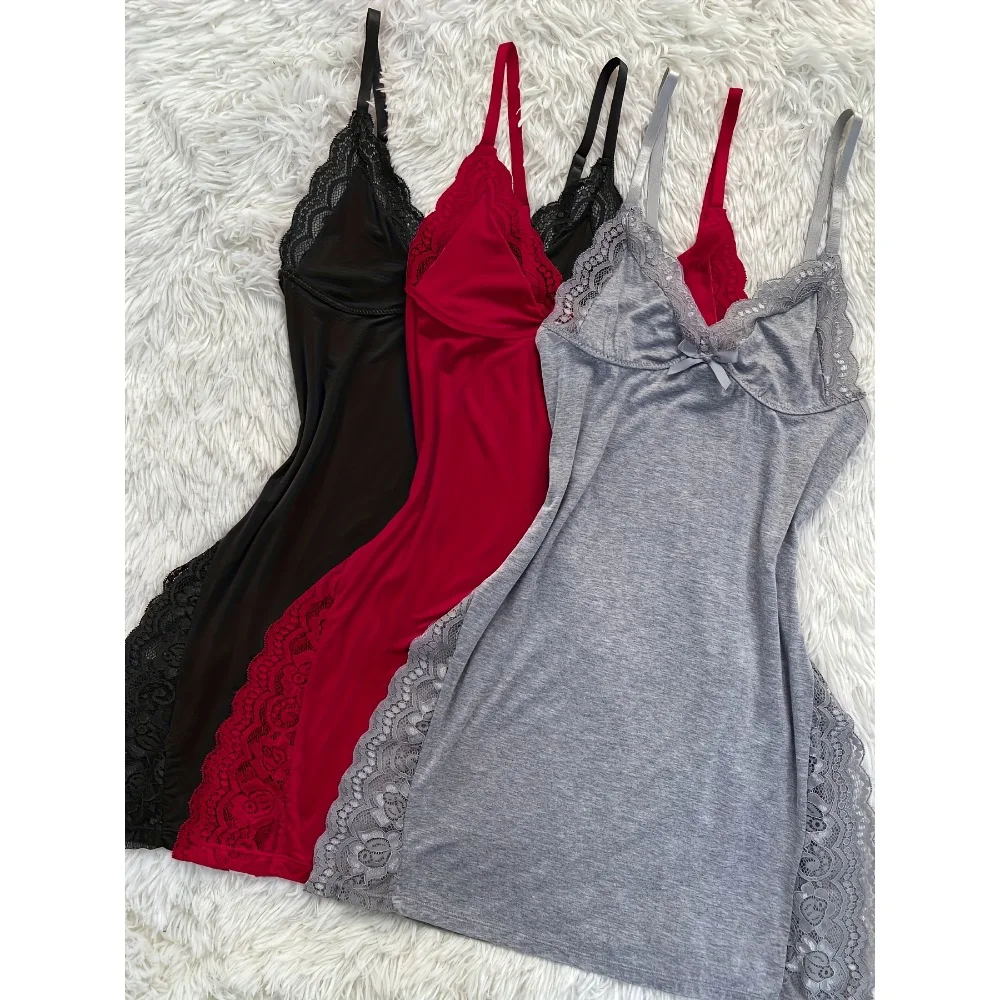 

[3pcs Sexy Lace Sleepwear] 3pcs Set Of Women's Sexy Lace Sleepwear - Solid Color, Lace Panel, Skirt Side Slit, Home Sleepwear