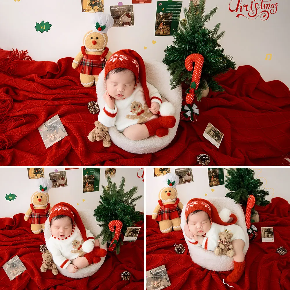 0-1 Month Newborn Photography Props Christmas Style Posing Cosplay Santa Claus Theme Outfits and Knitted Blanket with Tassels