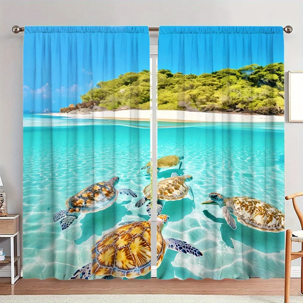 3D Sea Turtle Ocean View Curtains, Tropical Beach Scenery Blackout Drapes for Living Room, Blue Marine Animal Home Decor Window