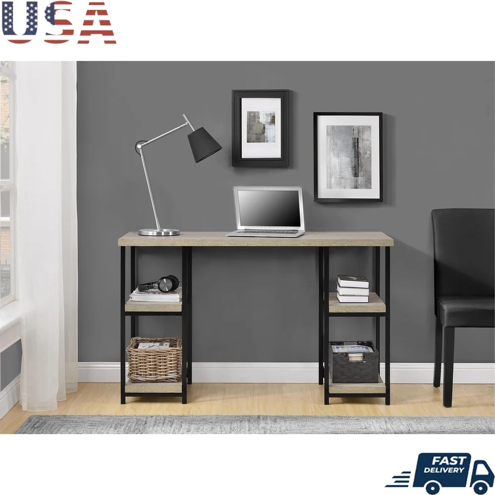 

Double Pedestal Computer Desk with Open Shelves Modern Office Desk Engineered Wood Workstation Home Office Dorm Room Assembly