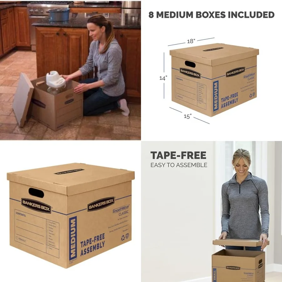 

Medium Classic Moving Box 8 Pack, Reinforced Handles, Tape-Free Assembly, Box with Lid, 19-in x 14.5-in x 15.5-in