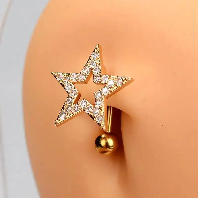 1PC Stainless Steel Silver Color Star Belly Button Rings Navel Ring Cubic Zircon Reversed Bar14G  Body Belly Piercing  Jewelry