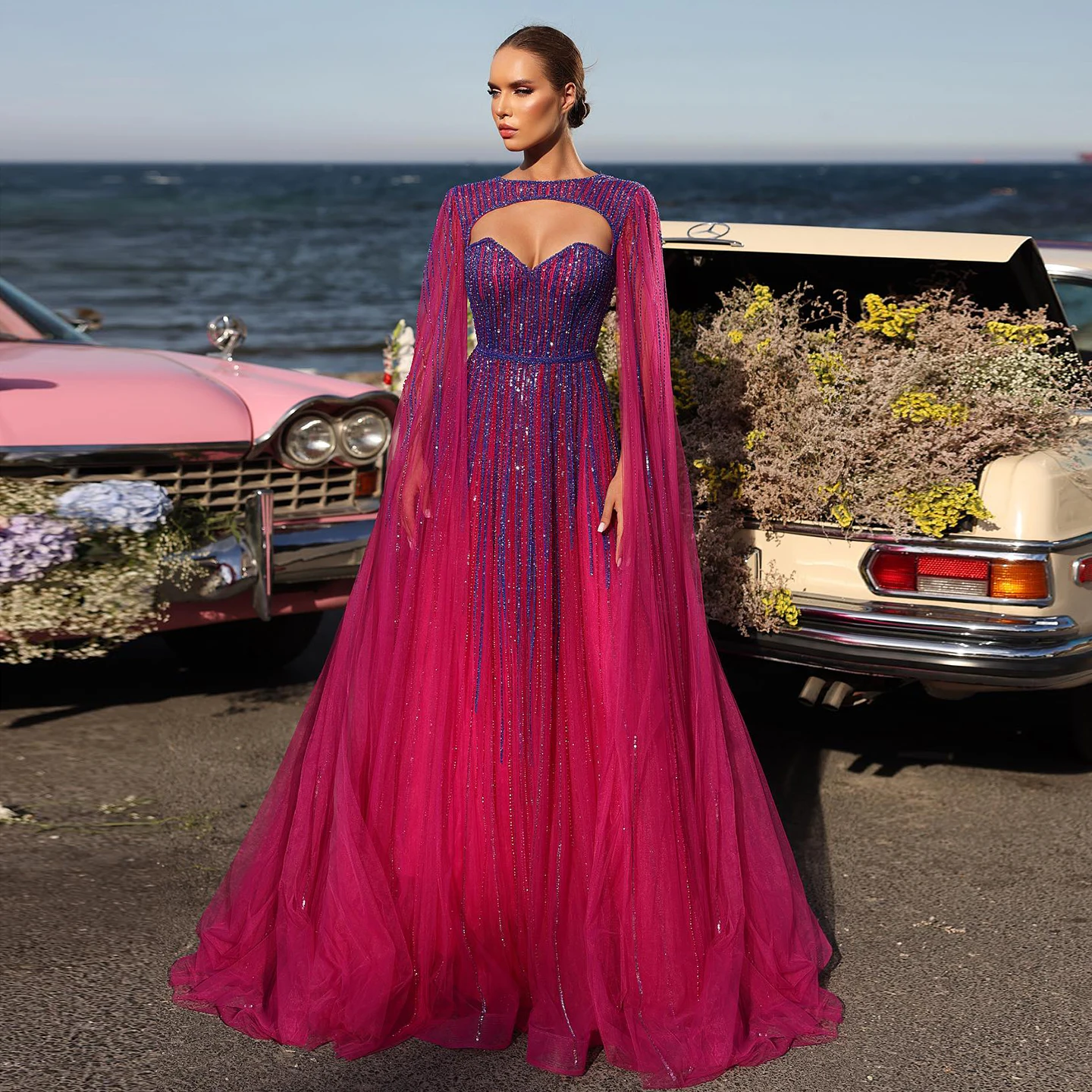 Sharon Said Luxury Dubai Fuchsia Evening Dresses with Cape Sleeves Emerald Green Women Wedding Party Dress SS386 Customized