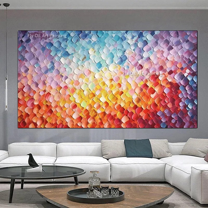 Handmade Blue Purple Orange Abstract Knife Thick Blocks Oil Painting On Canvas New Design Colorful Points Wall Art Decor As Gift