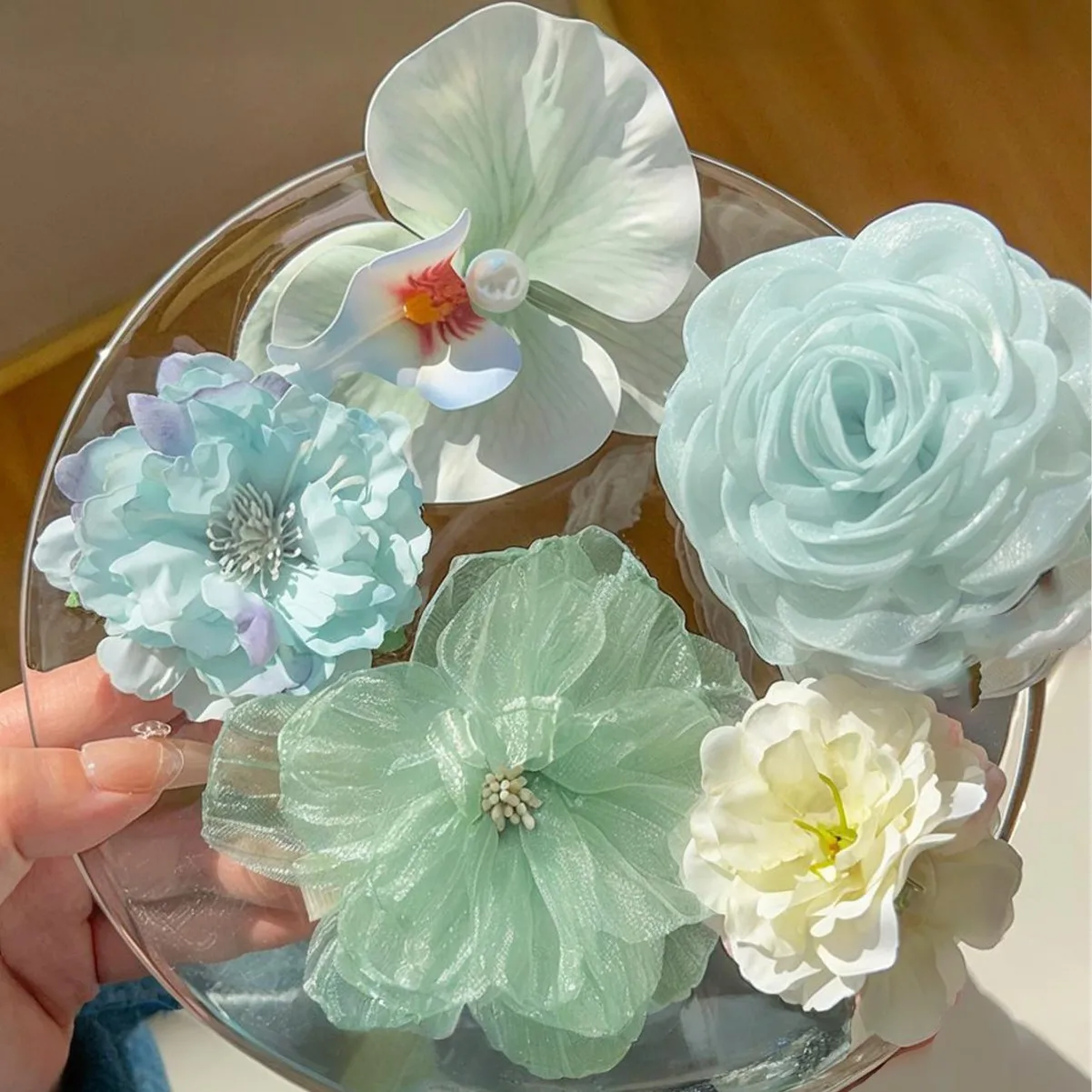 Mint Green Series Hair Clips Fresh Floral for Women, Trendy Duckbill Hair Accessory, Office Party Evening Holiday Gift Chic view 3