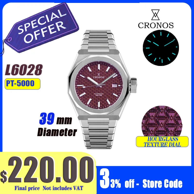 Cronos Relojes de lujo para hombre 39 mm Automático PT5000 / Miyota9015 Relojes de pulsera Zafiro 10ATM Parte posterior transparente