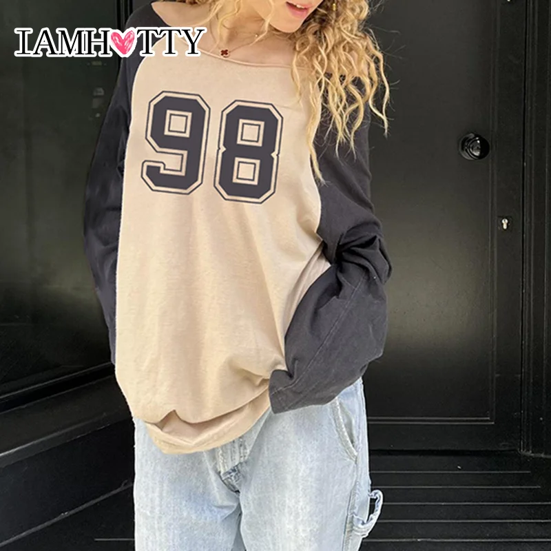 

IAMHOTTY Sporty Chic Digital Print Top Autumn Spring Casual Basic Long Sleeve T-shirts Vintage Streetwear Preppy Style Tees Y2K