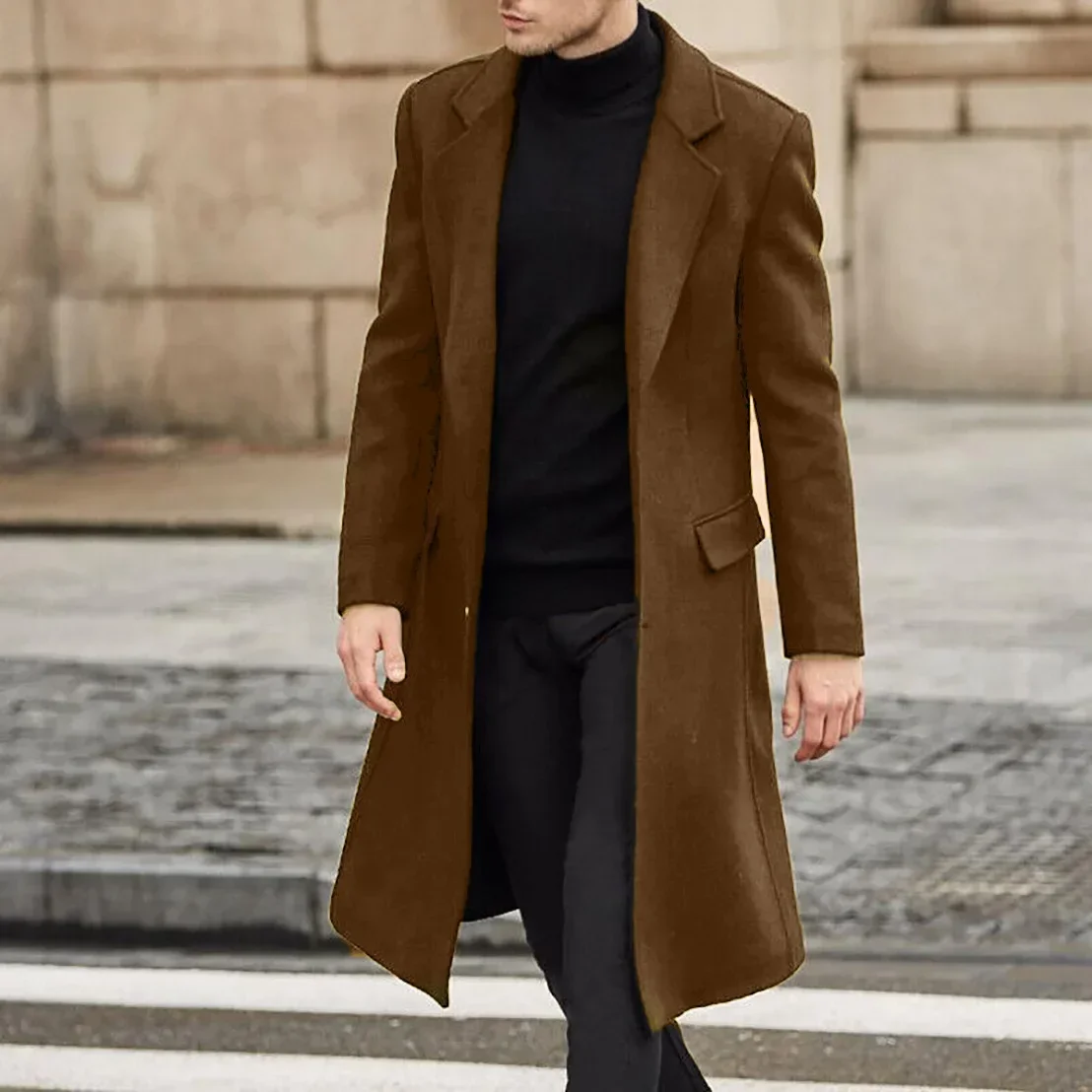 New British Style Men Long Trench Coat Woolen Coat Men\'s Autum Winter Solid Color Warm