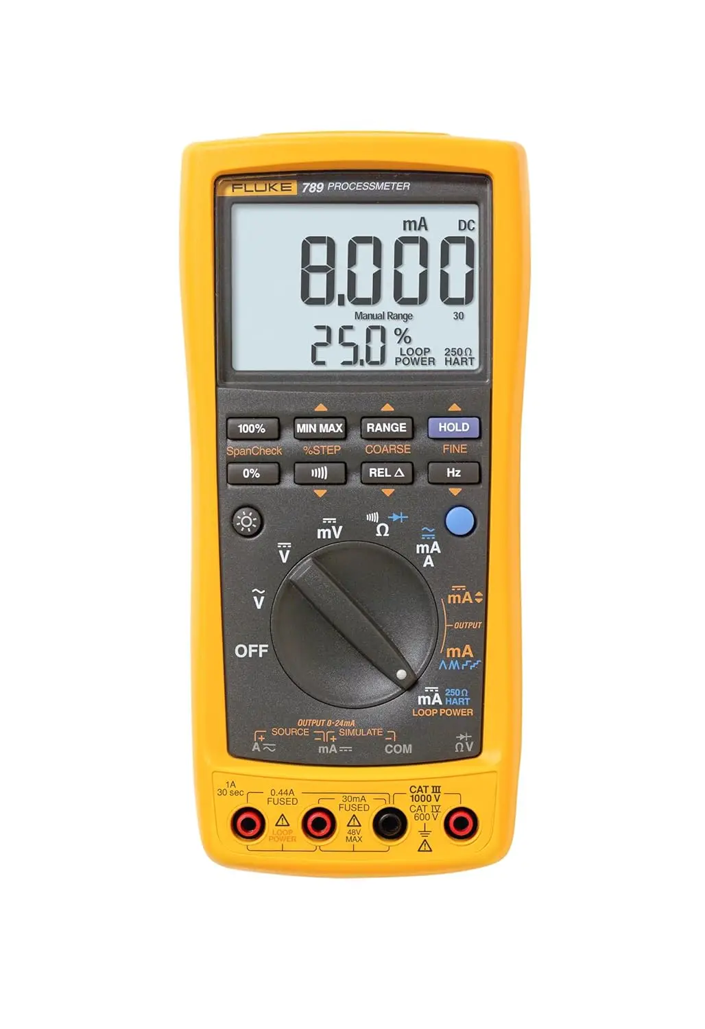 Includes Standard DMM Capabilities, Measure, Source, Simulate 4-20 mA signals, and Built-In 24 V Loop Supply