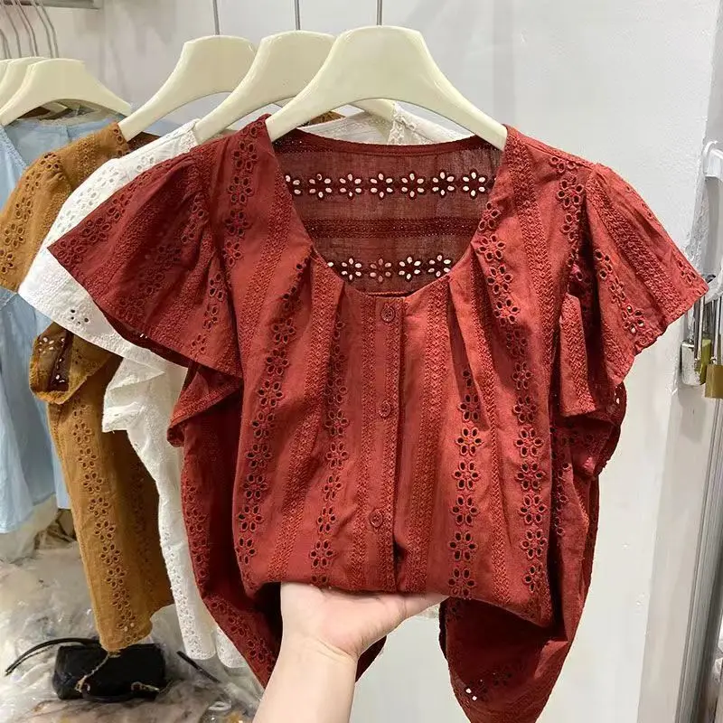 

Elegant Embroidery Lace Flying Sleeve Blouses 2025 Summer New Shirt for Women Y2k Short Sleeve All-match Blusas Mujer