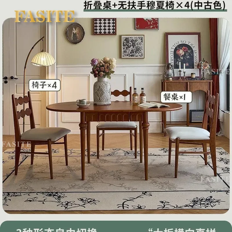 For French Retro Solid Wood Oval Folding Dining Table Antique Style Space Saving Dual Purpose for Small Apartment Living Room