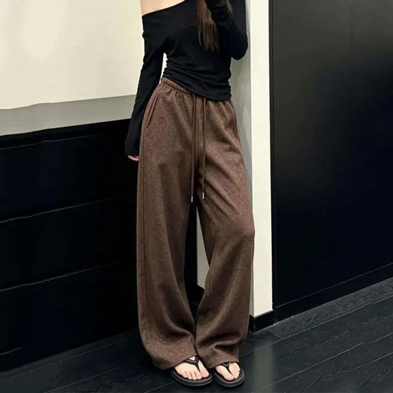 Elastic Waist Vintage Drawstring  Trousers Women Autumn New American Baggy Wide Leg Pants Female Lazy Style Versatile Sweatpants