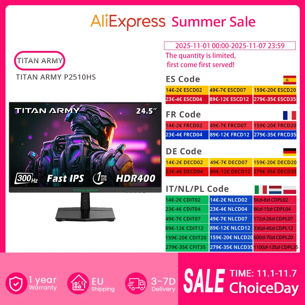 TITAN ARMY P2510HS plat 16:9 IPS FHD rapide 240HZ mise à jour vers 300Hz moniteurs de jeu avec couleurs vives résolution 1920x1080 1ms GTG
