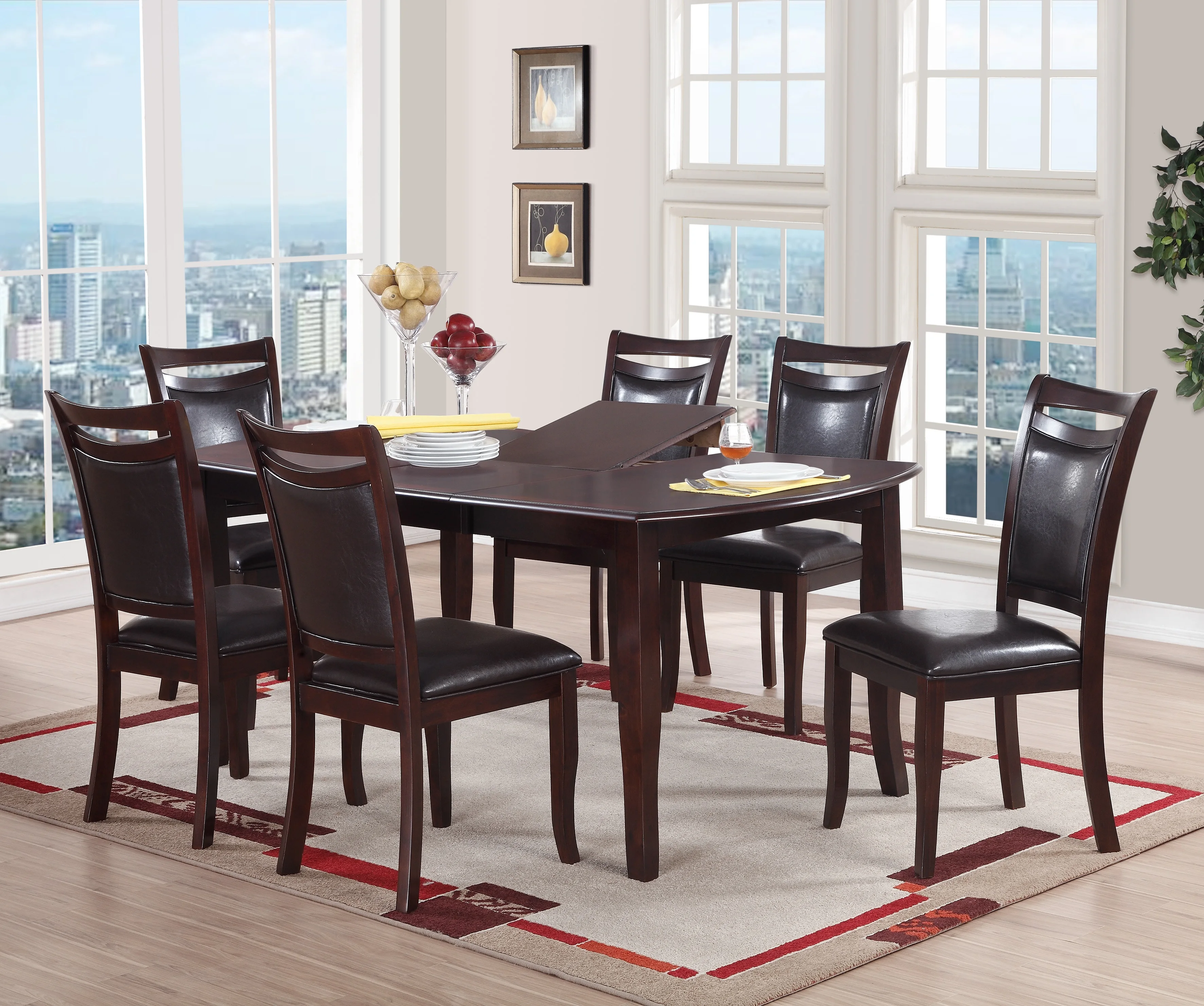 

Dining Room Furniture Dark Brown Dining Table w Butterfly Leaf 6x Side Chairs Wooden Top 7pc Set Rectangular Table Contemporary