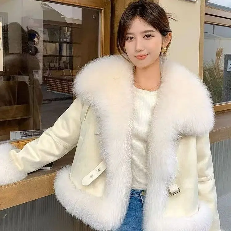Warm Faux Fur Collar Cropped Coat Women Vintage Puff Sleeve Big Pocket Short Oversized Jacket Female Winter New Chic Coat Wh128