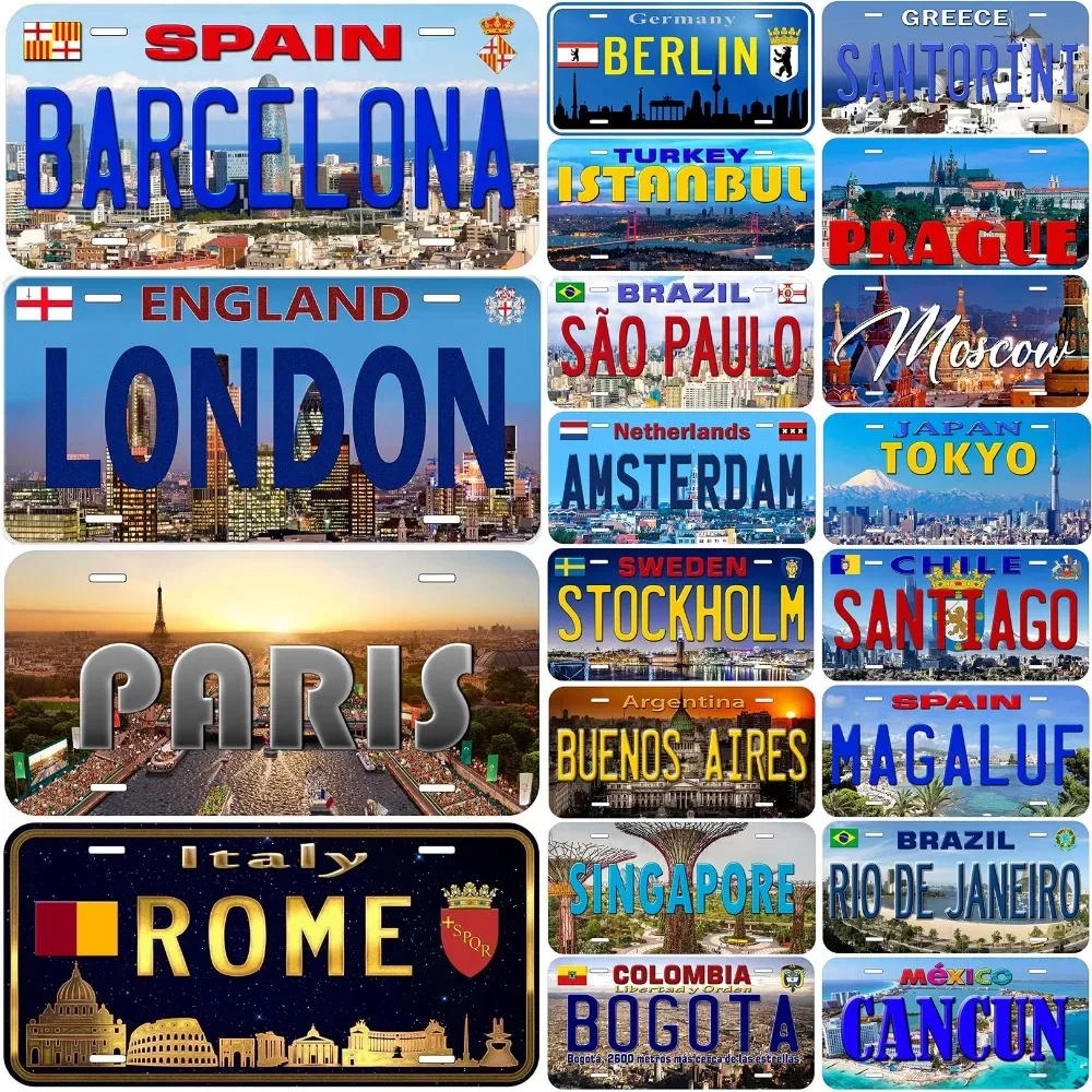 Vintage License Plates for Decoration Signs - Barcelona Paris London Amsterdam Metal Automotive Tag For Car Front