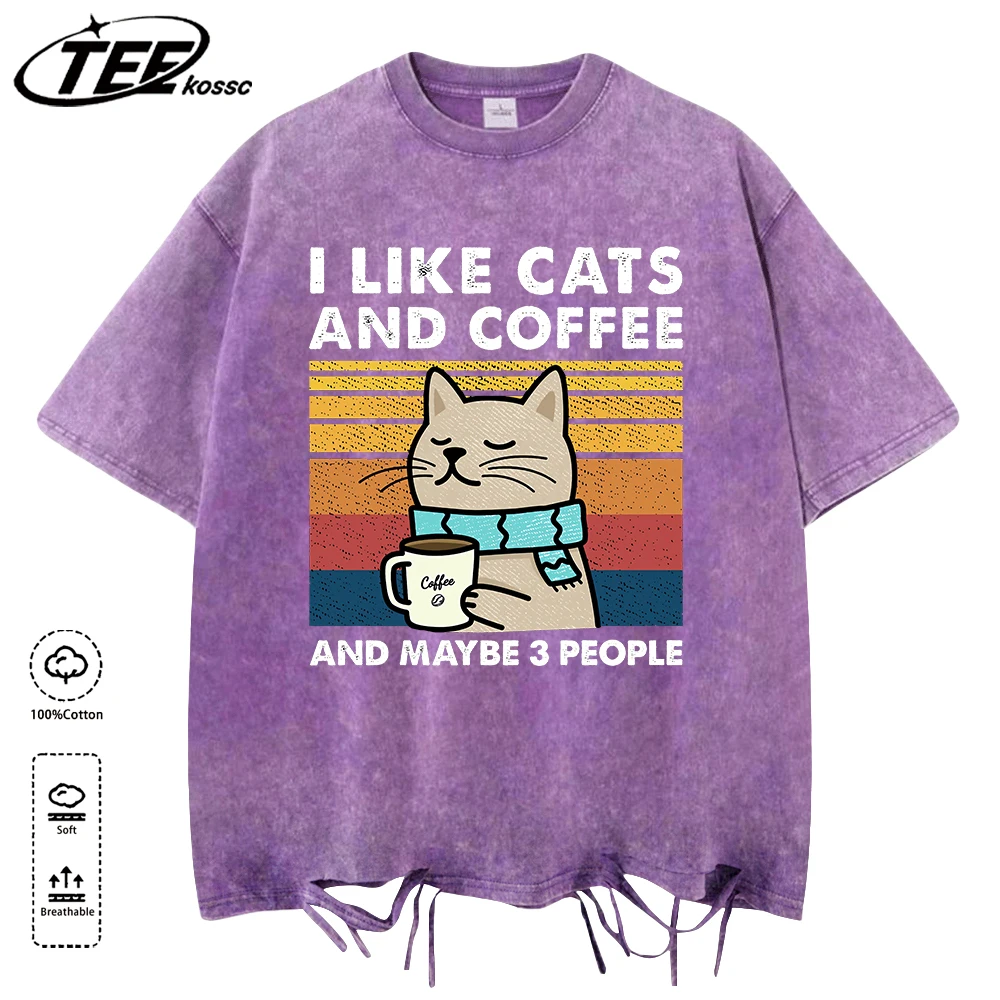 Ich mag Katzen, Kaffee und vielleicht 3 Personen, gewaschene Löcher, T-Shirts, Herren, Baumwolle, lässiges T-Shirt, Sommer, O-Ausschnitt, Retro-Top, Unisex, lockere Kleidung