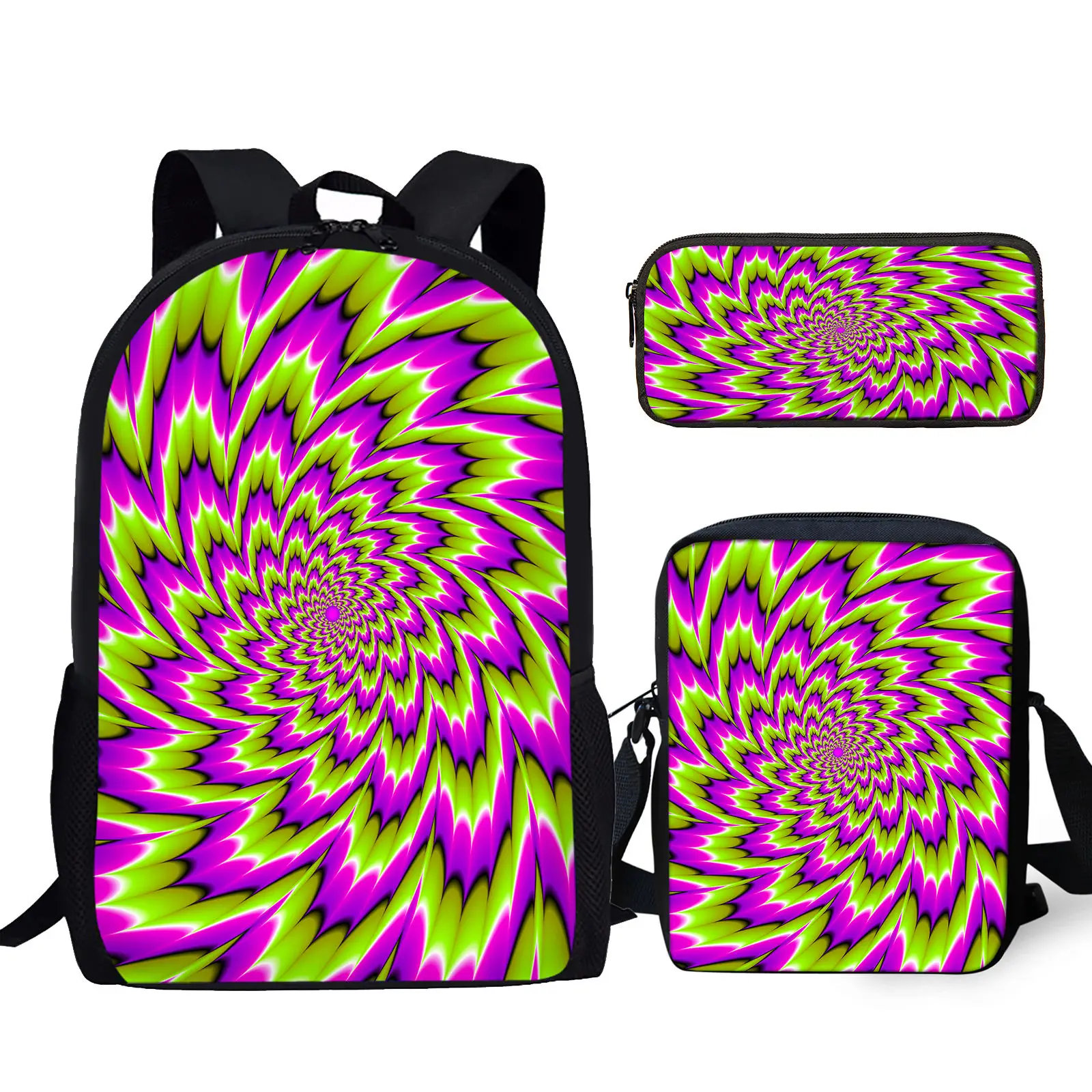 3D Bunte Psychedelic Gedruckt 3 Teile/satz Student Campus Büchertasche mit Mittagessen Tasche Bleistift Tasche Jungen Mädchen Casual Lagerung Rucksack