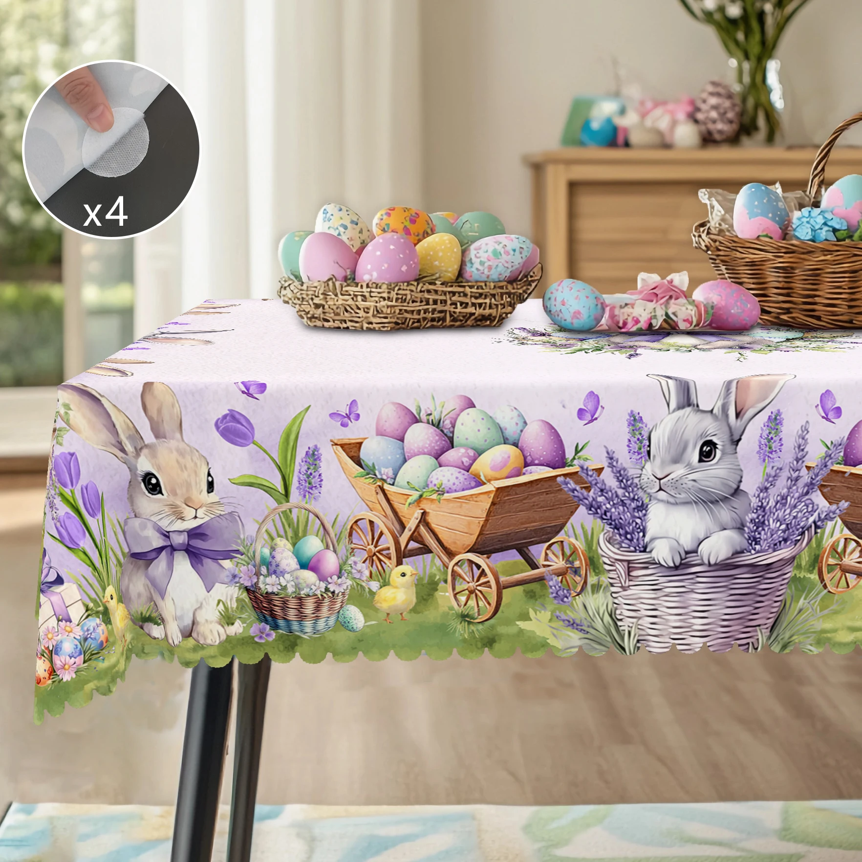 1 runde Oster-Tischdecke, 5 Größen erhältlich, Lavendel-Osterhasen-Ei-Druck-Tischdecke, Kantenprägeverfahren, Frühlingsgarten-Tischdeckendekoration, Tischdecke für die tägliche Heimküche,