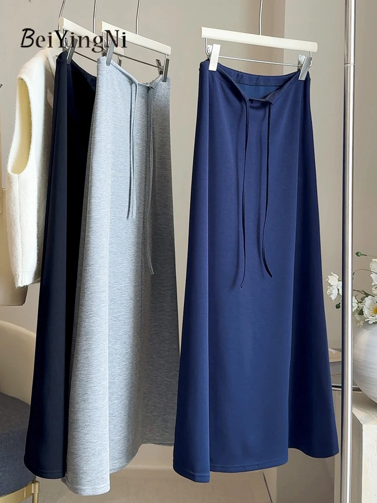 

Beiyingni Long A-line Skirt Women 2025 Spring Autumn Casual Drawstring Sports Korean Maxi Skirts Ladies Slim Street Faldas 95cm
