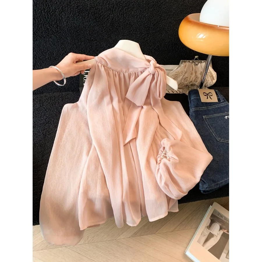 

Женская шелковая блузка с длинным рукавом и вырезами на горловине, весенне-летняя, модный дизайн, приталенная, в корейском стиле, для прогулок по городу, повседневная одежда