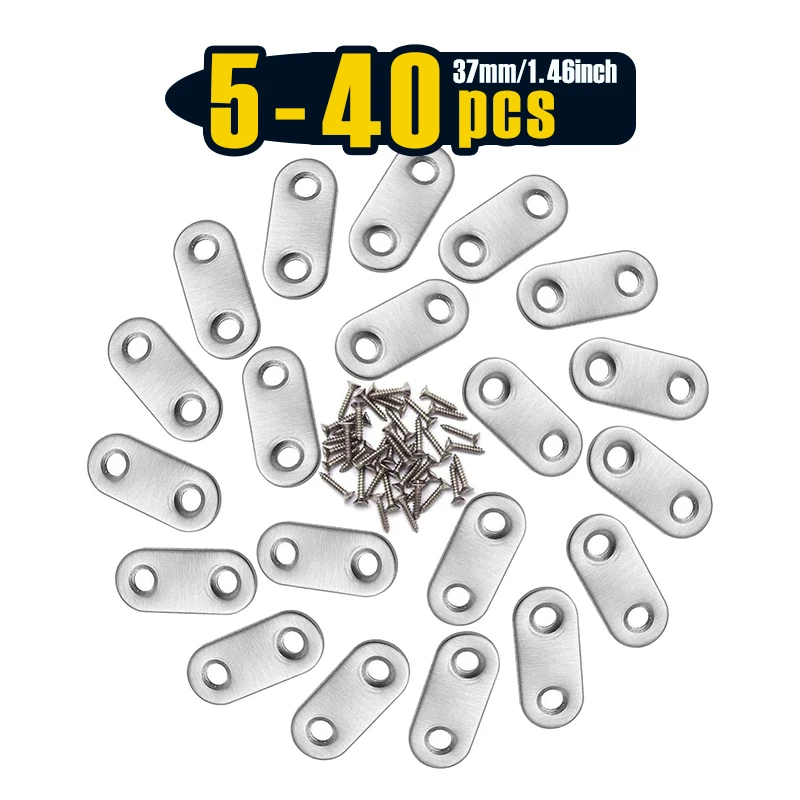 5-40 pcs Straight Flat Corner Brace 37 x 16 mm Stainless Steel Joining Plate Connector Support Shelf Bracket with Screws