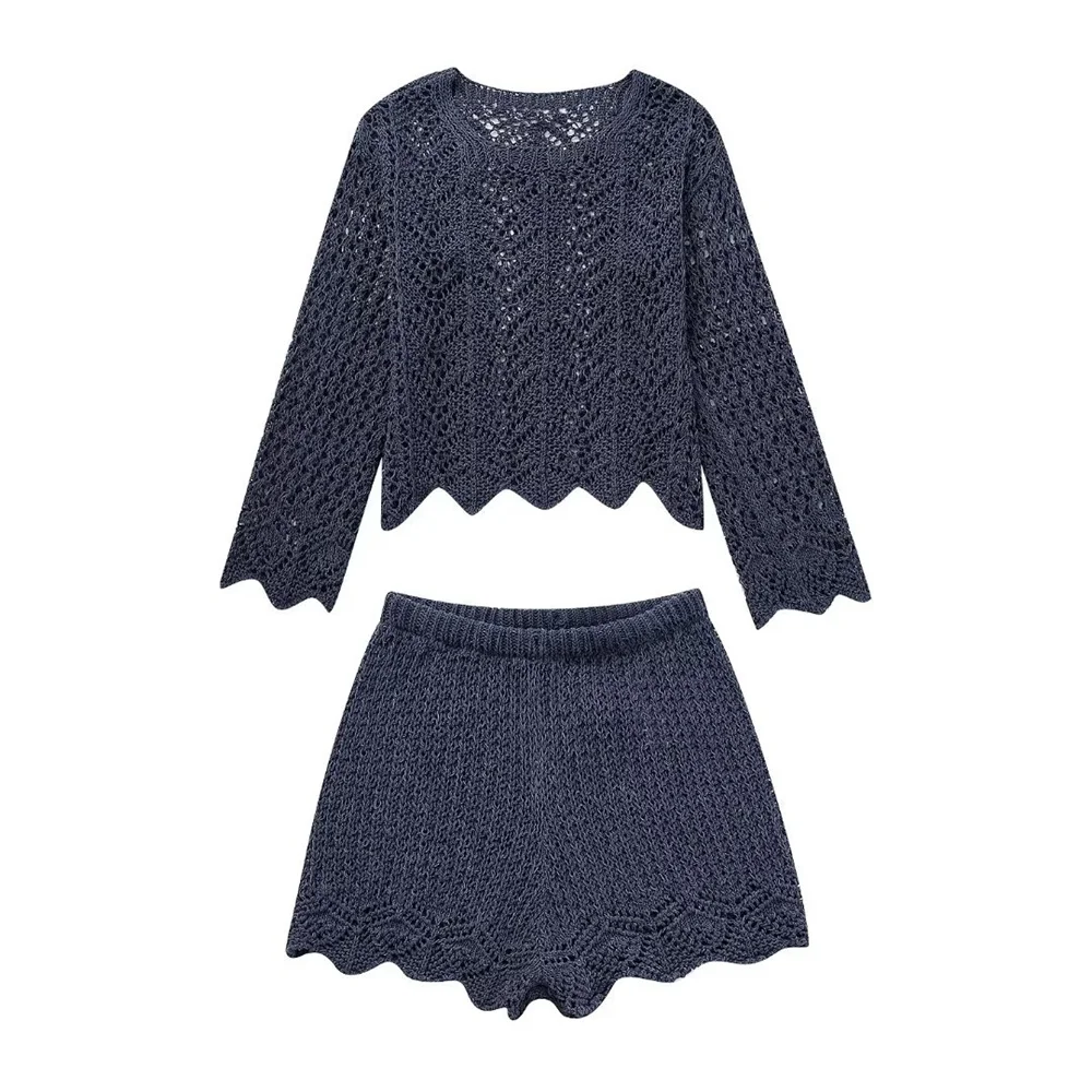 Autumn Women Knit Hollow Out Short Sweaters and Shorts Elegant Dark Blue Long Sleeve Pullover High Waist Elastic Shorts Outwear