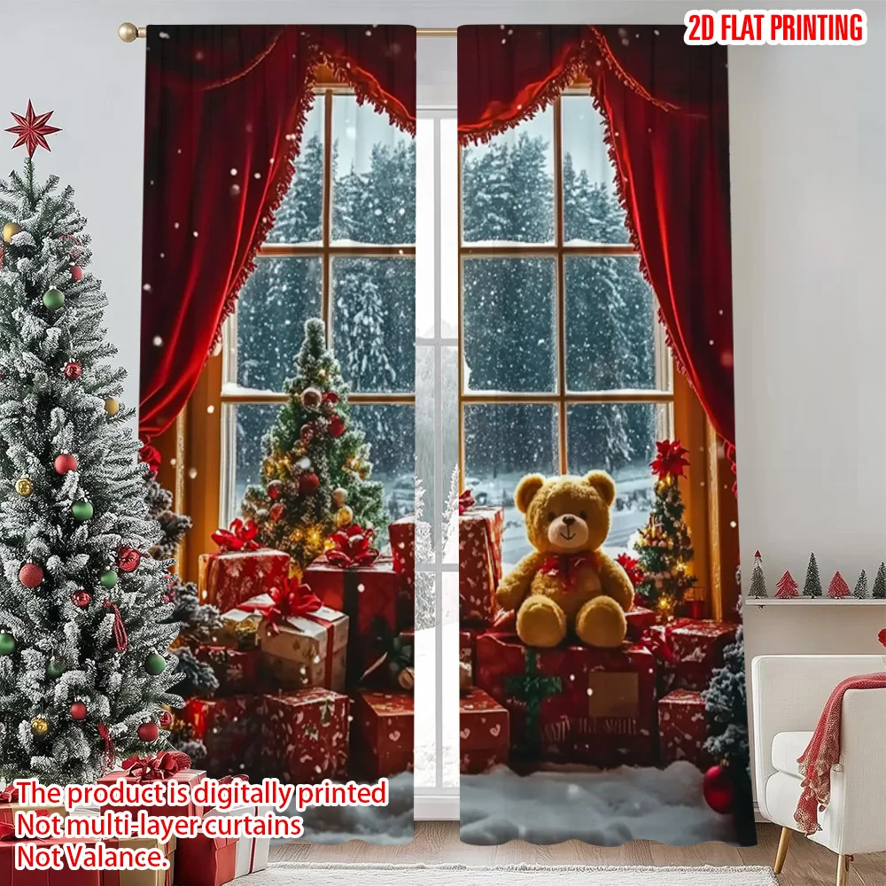 

2pcs 2D flat printing Merry Christmas Popular Window Drapes Red Winter Versatile Fabric Without Electricity Festive Holiday