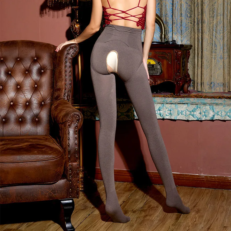 Alta-elástico outono inverno manter quente aberto virilha pantyhose crotchless leggings calças 260g de algodão grosso calças de pijama térmico