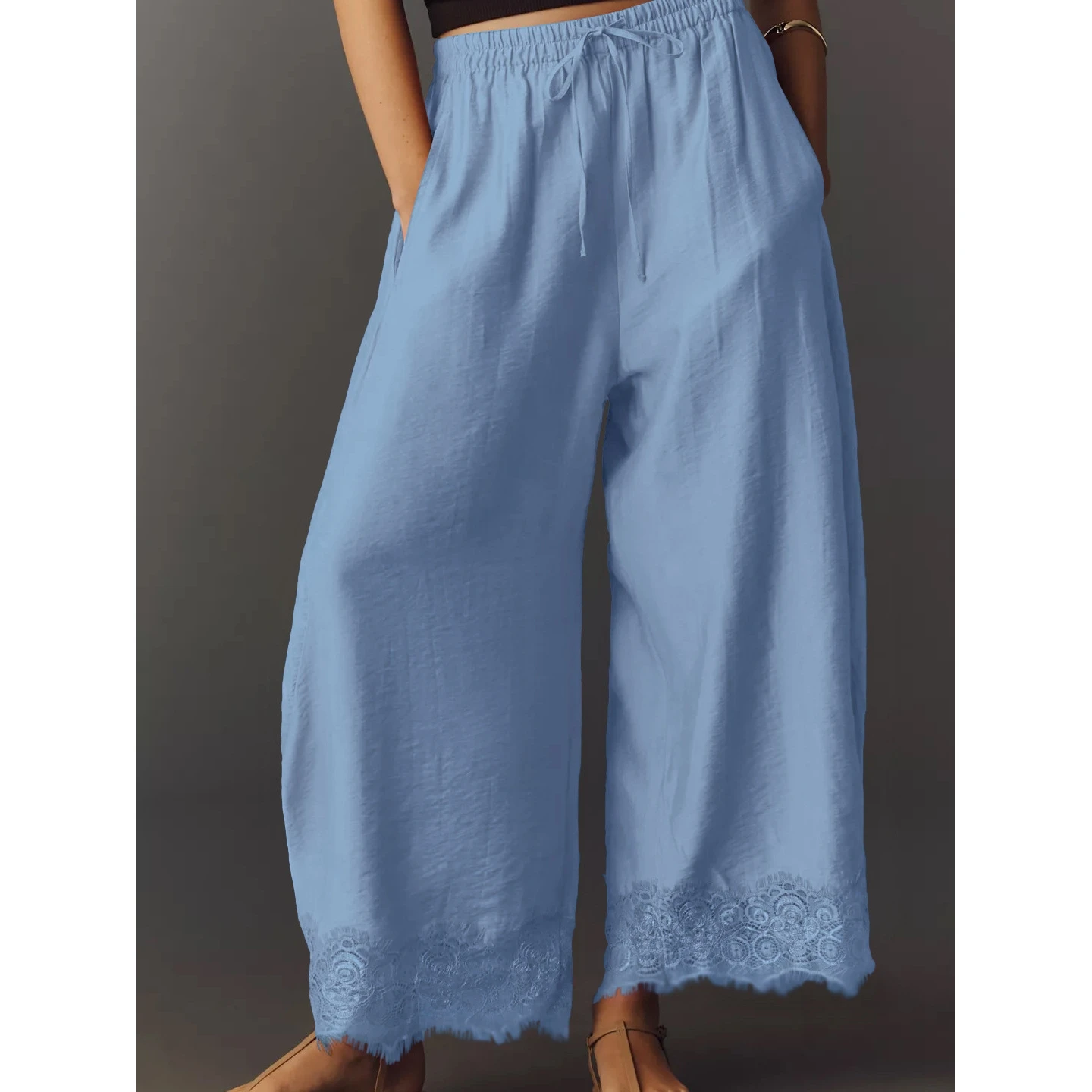 2026 Women's Wide Leg Pants Lace Knife  Elastic Waist Bordered Patchwork Casual Comfortable Fit Chinese Style Trousers