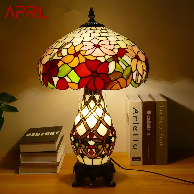 

APRIL Tiffany Table Lamp American Retro Living Room Bedroom Lamp Luxurious Villa Hotel Stained Glass Desk Lamp