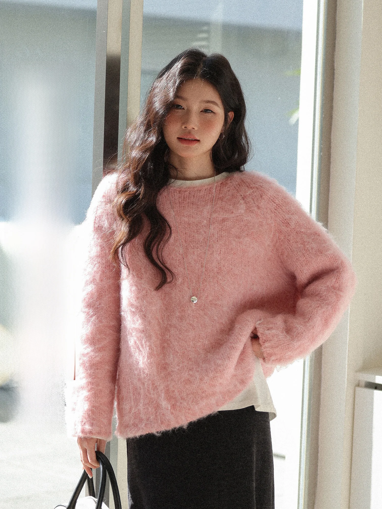 

Korean Sle Women's Thiened round Ne Sweater Pink Lazy Sle Winter New Arrival Casual Loose Fit Long Sve Top